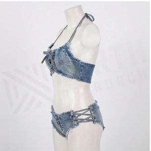 Ensemble bikini en jean pour femme, haut croisé à lacets, bas taille haute, maillot de bain 2 pièces, bleu délavé, coton extensible - Product Image 3