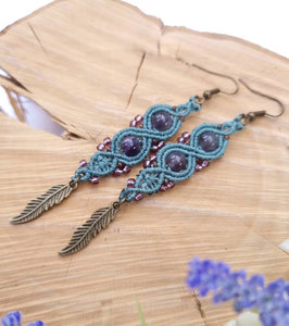Handmade Macrame Amethyst Feather <b>Earrings</b> Boho Ethnic Crystal <b>Dangle</b> Statement Jewelry for Women - Product Image 3