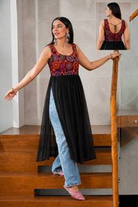 Leranath Fashion Embroidered Recycled Materials Fully Stitched Regular Fit Kurtis Anarkali Dress Sleeveless A-Line Long <b>Top</b> - Product Image 3