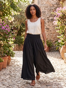 Pantalon Harem Noir Élastique Taille Haute pour Femme, Coupe Ample Jambe Large, Longueur Cheville, Style Bohème Uni, Coton Écologique d'Été - Product Image 6