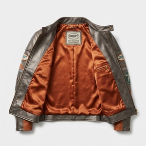 Workshop <b>Mens</b> Bronze <b>Brown</b> <b>Leather</b> Motorcycle <b>Jacket</b> Route 66 Speedway Racing Team Embroidered Patch Coat - Product Image 5
