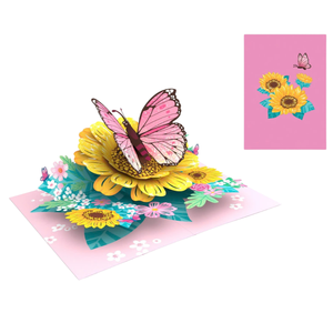 Tarjeta de felicitación emergente rosa con diseño de mariposa, temática floral, tarjeta hecha a mano con mariposas, fabricante de Vietnam, tarjeta emergente 3D, manualidades en papel. - Product Image 1