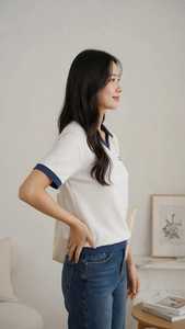 เสื้อโปโลแขนสั้นผู้หญิง คอวี คอปกสีตัดกัน สไตล์พรีปปี้ - Product Image 2