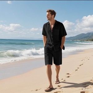 American-style Summer Suit Men's Short-sleeved Short Pants Linen Beach Casual Short-sleeved Shirt <b>Set</b> - Product Image 5