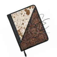 Western Tooled Leather Portfolio Folder Hair On Cowhide A4 Organizer Zipper Case Vintage Black Business Padfolio Certificate Bag