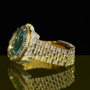 Reloj mecánico de lujo para hombre, de oro amarillo, esfera verde, bisel de diamantes, caja redonda de 40mm, cristal de zafiro, fecha automática, zona horaria múltiple - Product Image 4