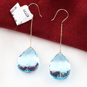 Wholesale 18k Yellow Gold Natural Pear Blue Topaz Briolette Chain Drop Earrings Memoria Jewels - Product Image 1