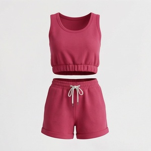 Women's 2 Piece Solid Color Sporty <b>Set</b> Sleeveless Crop Top and Above Knee Shorts Pink <b>Knitted</b> Breathable Casual Wear - Product Image 1