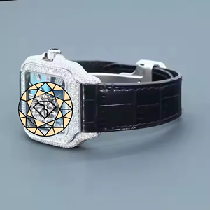 Reloj de lujo para hombre, completamente cubierto de diamantes de moissanita VVS1, caja cuadrada, esfera romana, correa de cuero. - Product Image 5