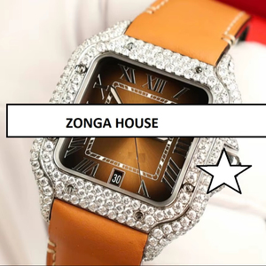 Reloj Unisex de Lujo con Correa de Cuero y Cristal, Esfera Cuadrada de Acero Inoxidable de 41 mm, Analógico, con Diamantes Moissanite Vvs1 - Product Image 1