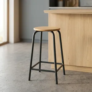Modern Wooden <b>Bar</b> <b>Stool</b> with Black Metal Frame Counter Height Kitchen <b>Stool</b> Industrial Style High <b>Stool</b> for Home Kitchen Cafe - Product Image 1