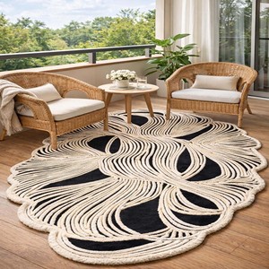 Alfombra Contemporánea Abstracta en Blanco y Negro, de Lana y Viscosa Orgánica, con Diseño Artístico de Líneas Irregulares, para Sala de Estar o Dormitorio - Product Image 4