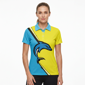 Polo de Manga Corta para Hombre con Estampado de Delfín, Bloques de Color Amarillo y Azul, Corte Casual, Tejido de Poliéster Transpirable, Estilo Regular - Product Image 5