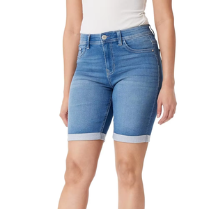 Shorts de Mezclilla Azul Claro con Dobladillo Enrollado, Shorts de Mezclilla Elásticos de Cintura Alta, Ropa Urbana Moderna, Estilo Veraniego Personalizable, Servicios OEM - Product Image 1