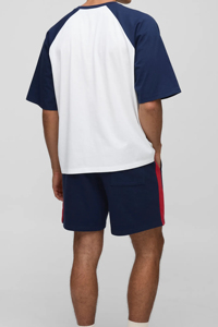 Men's Color Blocked Raglan T-Shirt And Shorts <b>Set</b> White Navy Blue Casual Summer <b>Knitted</b> Cotton Two Piece Outfit - Product Image 2
