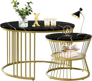 Table basse ronde à emboîter, style industriel, structure en métal, plateau en MDF et marbre |   Tables d'appoint empilables pour salon, table de bureau à domicile - Product Image 6