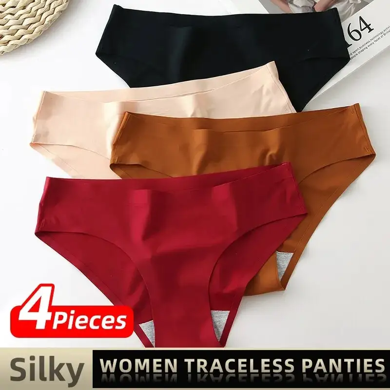 4 buah celana dalam tanpa jejak wanita, pakaian dalam merah muda hitam merah Khaki L XL 2XL pinggang rendah terasa halus es