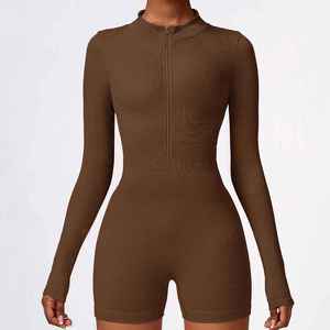 Women's Seamless Ribbed Zipper Long Sleeves Butt Lift Fitness Were High Quality One Piece <b>Bodysuit</b> - Product Image 3