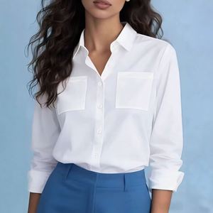 Chemise à manches longues boutonnée pour femme, haut de bureau décontracté, col à revers, poche poitrine, couleur unie - Product Image 4