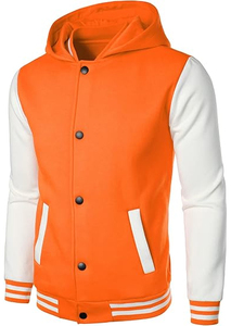 Chaqueta Varsity con Capucha Naranja para Hombre, con Mangas Blancas, Cierre de Botones, Estilo Bomber Informal, para Otoño - Product Image 6