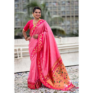 Sari en soie Paithani Rajhans tissé en zari rose bébé, vêtements indiens et pakistanais - Product Image 6