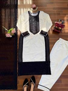 Ensemble Salwar Kameez brodé pour femmes, vêtements ethniques indiens pakistanais, tenue de fête de mariage noir et blanc - Product Image 3