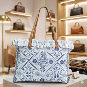 Sac fourre-tout bohème en toile avec franges et pompons, grande capacité, sac à bandoulière, imprimé géométrique, fermeture ouverte pour les voyages et l'usage quotidien - Product Image 3