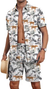 Conjunto de dos piezas para hombre con estampado de hojas tropicales, camisa de manga corta y pantalones cortos de playa a juego, conjunto informal y colorido para vacaciones de verano. - Product Image 2