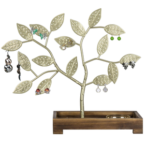 Porte-bijoux en métal avec base en bois, design feuille décoratif, support rustique en métal pour boucles d'oreilles, colliers, etc. - Product Image 2