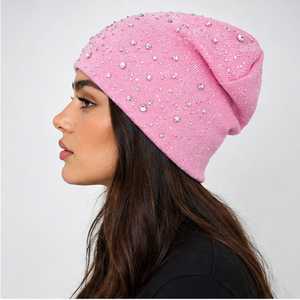 Pink Rhinestone Unisex Adult Winter Warm Knitted <b>Beanie</b> Hat 100% <b>Wool</b> Solid Color Cute Style Cycling Beach Fashion Accessory - Product Image 2