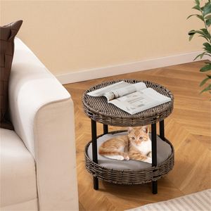 Cuccia per Gatti a 2 Livelli in Rattan, Finitura Grigia, 15"x15", Cuscino Imbottito Lavabile, Capacità 30 kg, Gambe in Metallo - Product Image 2