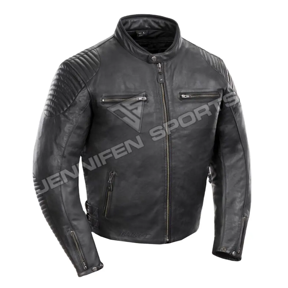 Biker Leather Jacket Men Genuine Cowhide Smooth Leather Front Chest&Side Pockets Zippers Closing Inside Quilted Lining