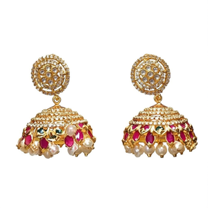 Kemp Gold Plated Crystal Pearl Ruby Circle Jhumka Hoop Earrings for Party Wedding - Product Image 1