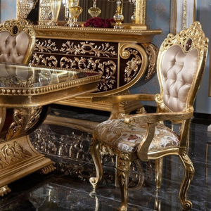 Ensemble de salle à manger en bois de style européen, finition dorée, chaises sculptées brillantes, 6 pièces, dossier massif, design antique, mobilier d'hôtel - Product Image 3