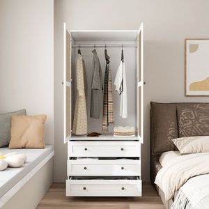 2 Door 3 Drawer Wardrobe with Hollow Pattern Wood Color and White Collision for Bedrooms and Dressing Rooms - Product Image 3