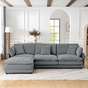 Divano Sezionale Moderno a L Convertibile a 4 Posti, Oversize, per Soggiorno, con Pouf Contenitore e Tessuto in Spugna - Product Image 1