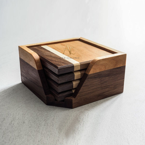 Ensemble de sous-verres en bois avec support, sous-verres carrés en bois massif avec bande enlaidée, dessous de tasse à café, décoration de table moderne et articles de table - Product Image 5