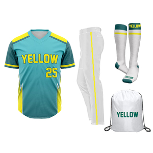 Ensemble uniforme de baseball personnalisé en gros, vert et jaune, maillot et pantalon en mesh, nom et numéro d'équipe personnalisés, uniforme scolaire de baseball sur mesure - Product Image 1