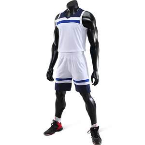 Ensemble short et maillot de basket-ball rayé blanc et bleu pour homme, col en V, sans manches, vêtements de sport respirants, toutes saisons - Product Image 1