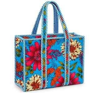 Floral Print Canvas <b>Tote</b> <b>Bag</b> Blue With <b>White</b> Stripe Trim Open Top Shopping <b>Bag</b> Bohemian Style All Seasons - Product Image 1