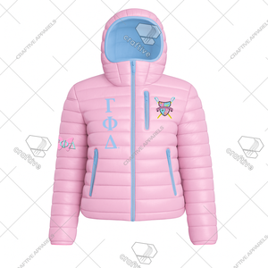 Chaqueta Acolchada con Capucha Personalizada de la Hermandad Gamma Phi Delta, Chaqueta de Alta Calidad con Bordado, Chaqueta Universitaria Acolchada para Mujer - Product Image 1