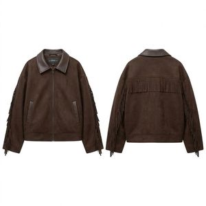 Custom Windproof Tan Cowhide <b>Leather</b> <b>Jacket</b> Sturdy Work Silhouette Pointed Fold Collar Long Sleeves High Women Coats - Product Image 3