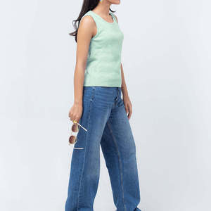 Camiseta de Tirantes Tejida para Mujer, Color Verde Menta Sólido, Cuello Redondo, Informal, Transpirable, 100% Algodón, Largo Regular - Product Image 2