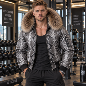 <b>Men's</b> High Quality Python Leather Biker Jacket Fox Fur Hood Designer Bomber <b>Coat</b> | Herren Lederjacke | Chaqueta Hombre Cuero - Product Image 5