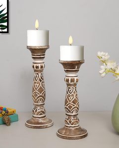 <b>Wooden</b> Eco Friendly Pillar <b>Candlestick</b> Holders Cylindrical Embossed Design Handmade Christmas Home Decoration - Product Image 1
