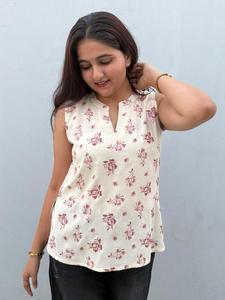 Blusa Casual sin Mangas con Estampado Floral Color Marfil para Mujer, Diseño Holgado de Viscosa y Rayón, Estilo Occidental Moderno para el Verano - Product Image 1
