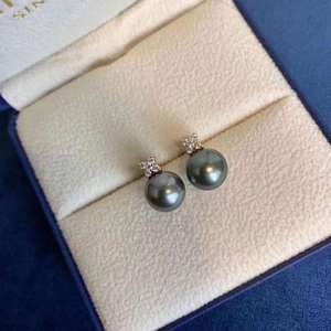 ต่างหูมุกดำแท้จากทะเลตาฮิติ รูปทรงโคลเวอร์ ทอง 18K ประดับเพชรซิคอน หรูหรา ทรงกลม สำหรับผู้หญิง - Product Image 5