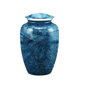 Urne funéraire en métal bleu avec bordure argentée, ronde, faite à la main, pour cadeau de sympathie, style luxueux - Product Image 3