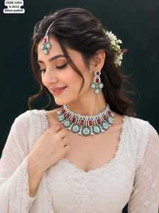 Luxury <b>Silver</b> Polish Ruby Emerald American <b>Choker</b> Necklace Set with Earrings & Maang Tikka Bridal Wedding Jewelry Set for Women - Product Image 1