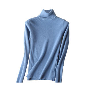 Pull col roulé bleu clair pour femme, manches longues, tricoté, coupe ajustée, décontracté, pour l'automne, 100 % acrylique, anti-boulochage, couleur unie - Product Image 1